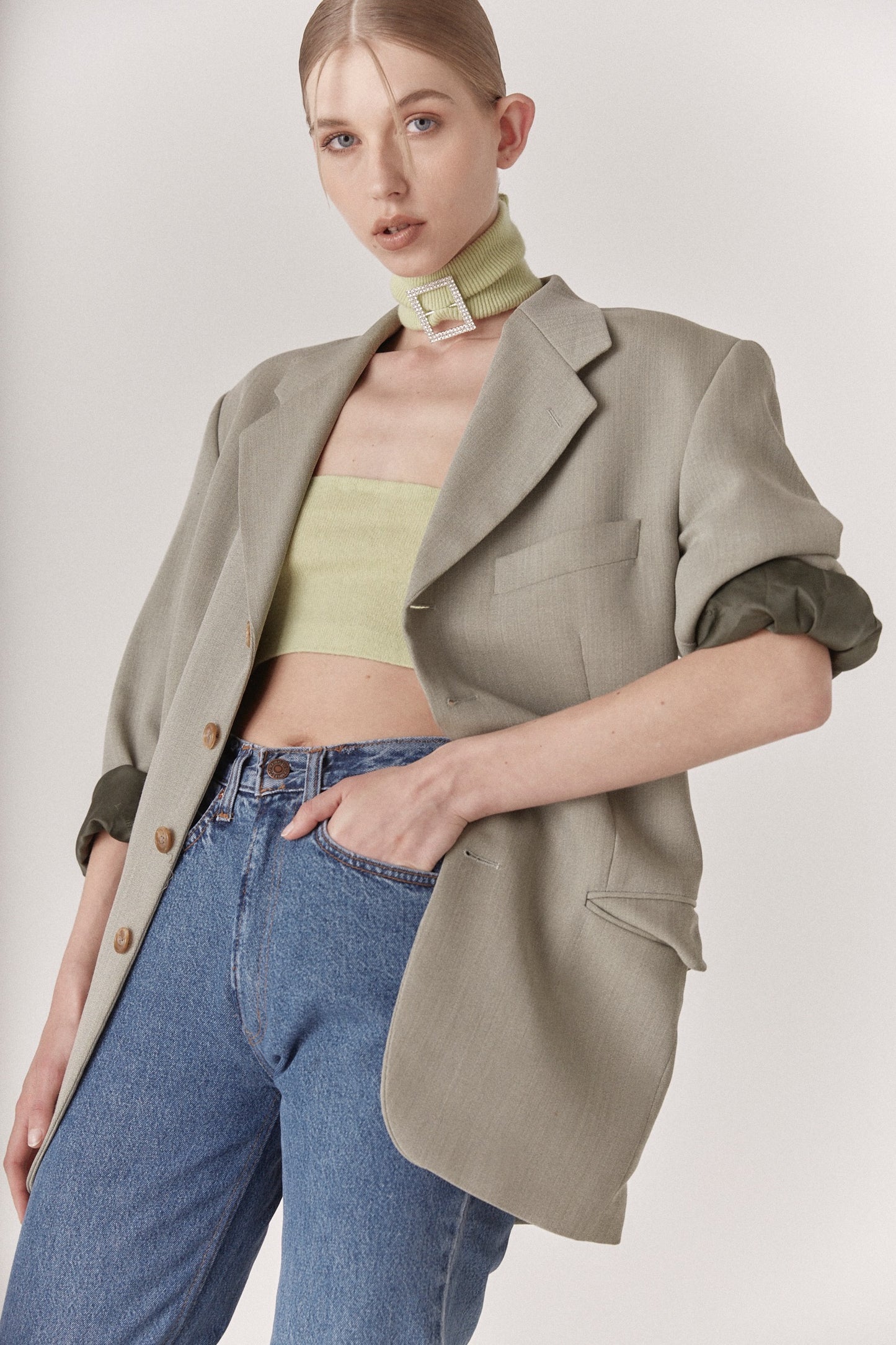 Carterier Sub-Lime Green Cashmere Crop Top and Choker Duo