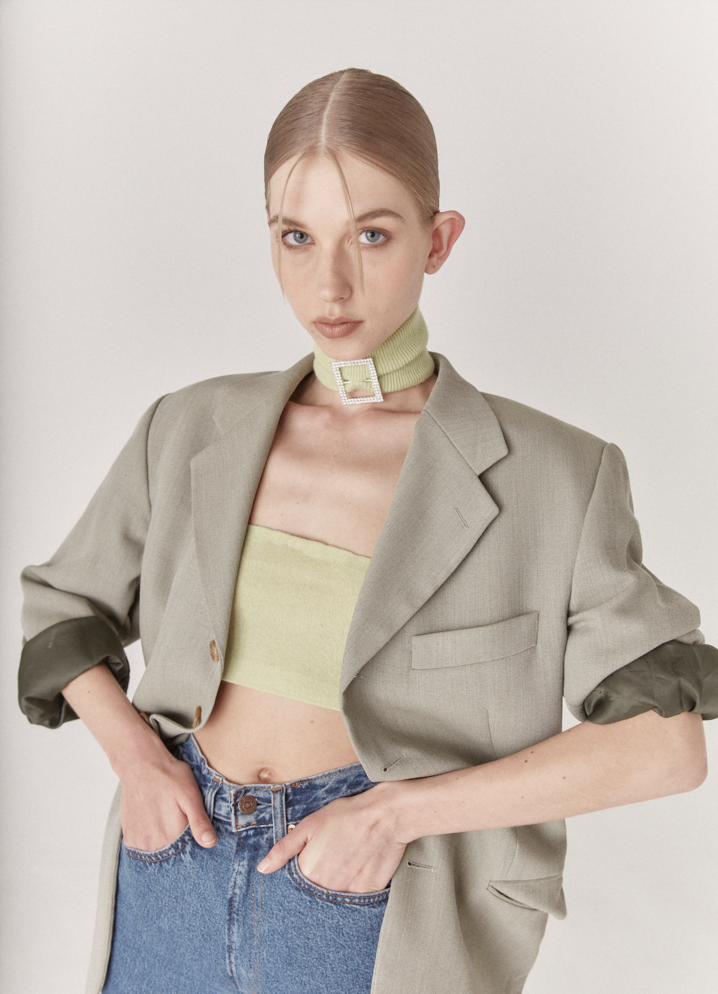 Carterier Sub-Lime Green Cashmere Crop Top and Choker Duo