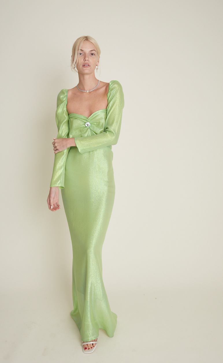 Carterier Hologram Green Mermaid Mercy Slip Dress with Giant Swarovski Detail